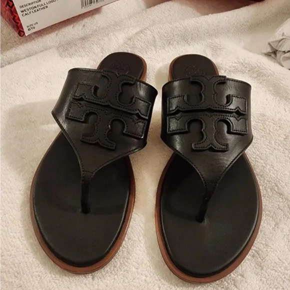 NIB Tory Burch Weston Full Logo Thong - Perfect Black - 6.5 - Picture 2 of 6